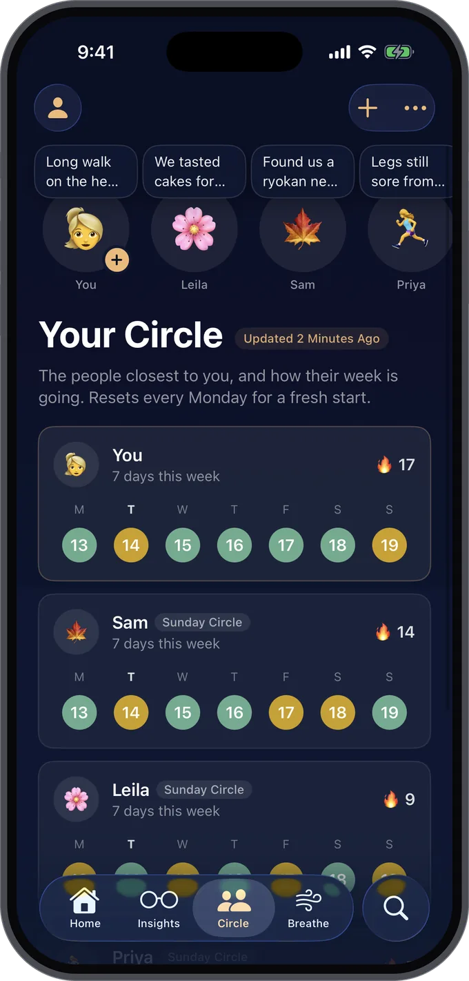 A Gratitoo circle showing friends' weekly check-ins and streaks