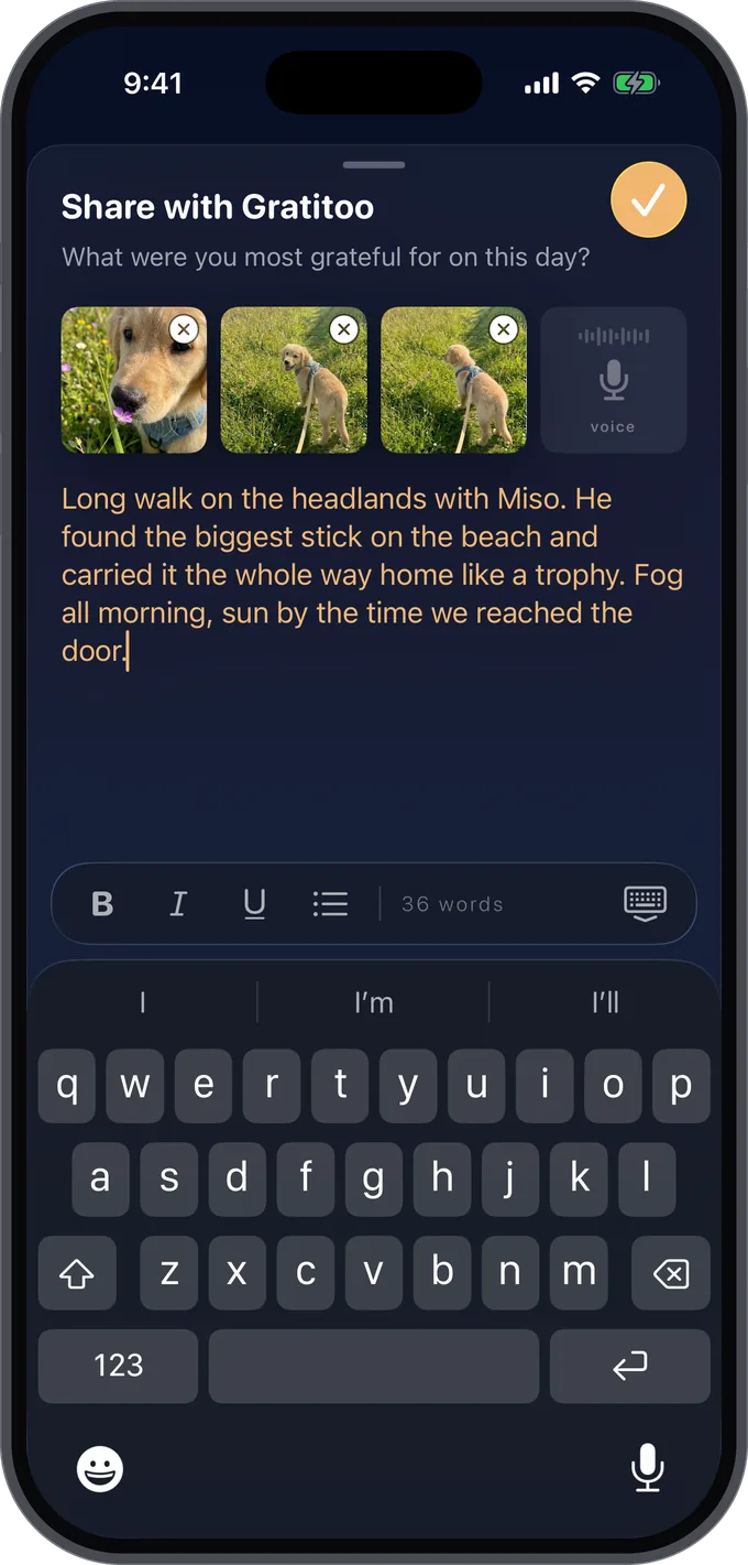 Writing a journal entry about a dog walk, with photos attached and the keyboard open