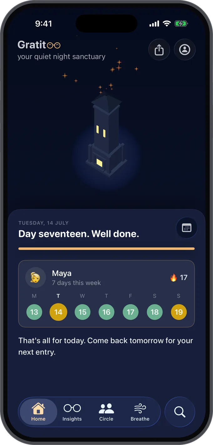 Gratitoo home screen with a lit tower under stars and a seventeen day streak