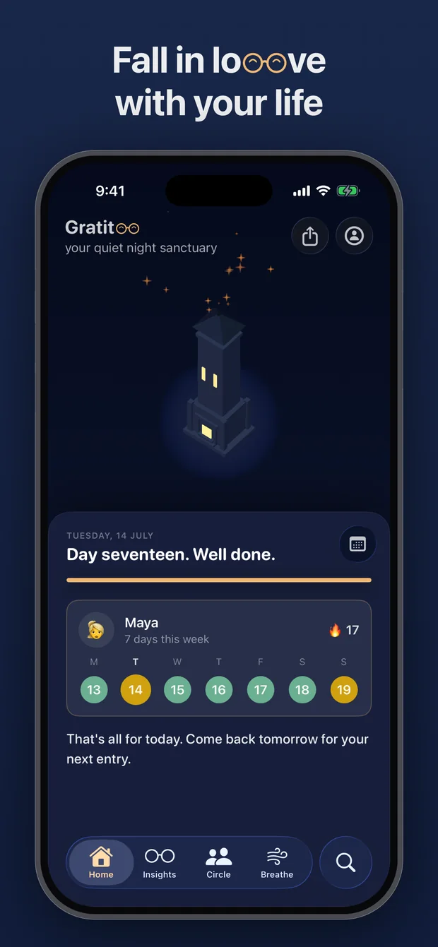 Gratitoo App Store screenshot: your quiet night sanctuary, with tonight's streak