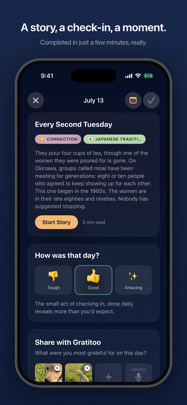 Gratitoo App Store screenshot: a story, a check-in, a moment