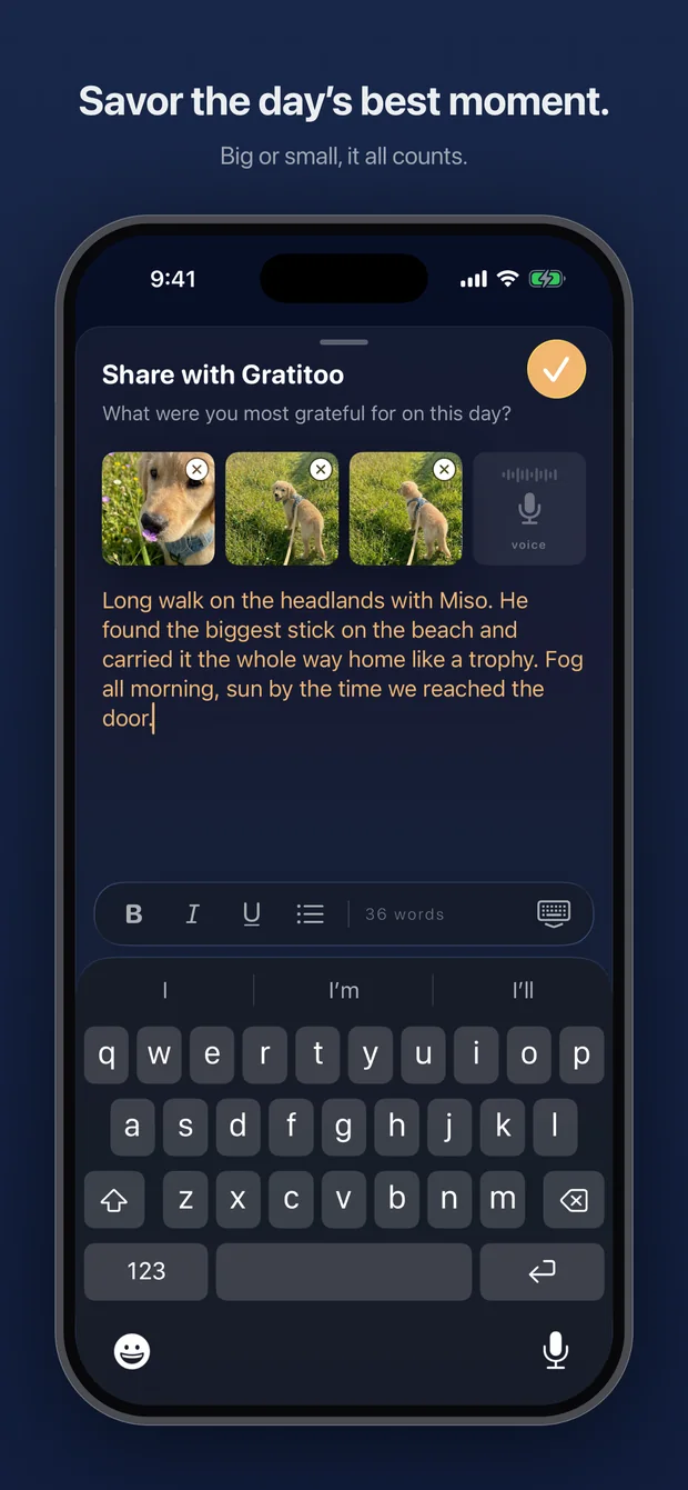 Gratitoo App Store screenshot: savor the day's best moment
