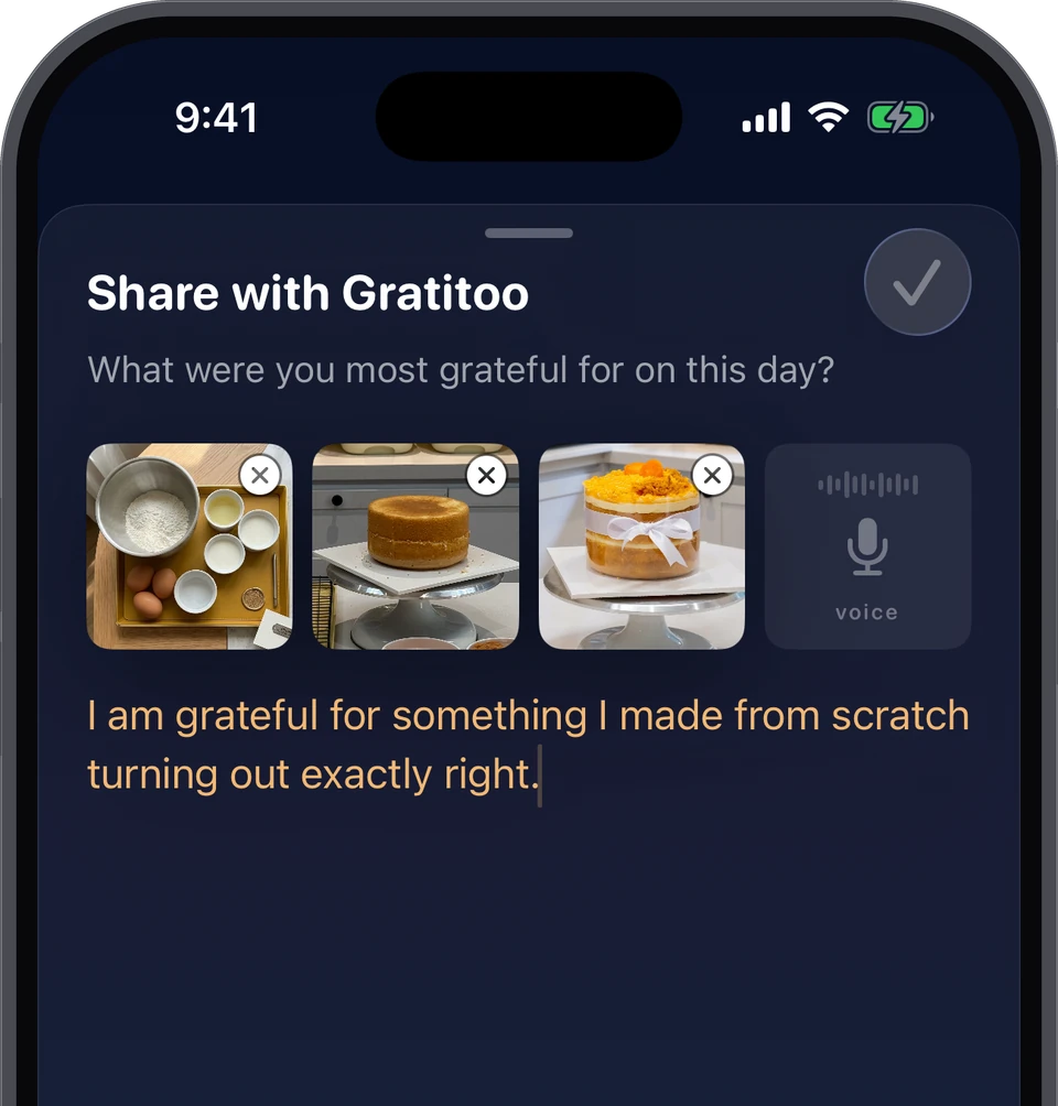 A gratitude journal entry on iPhone: I am grateful for something I made from scratch turning out exactly right