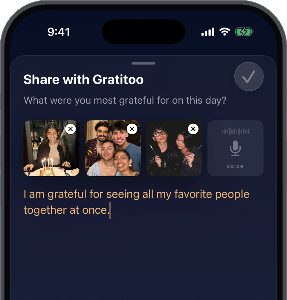 A gratitude journal entry on iPhone: I am grateful for seeing all my favorite people together at once